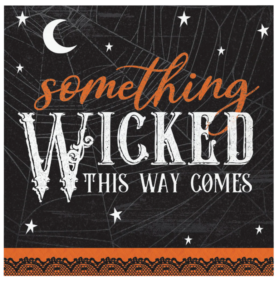 Black Halloween luncheon napkin with white spider web and stars, orange crescent moon and text "Something Wicked This Way.
