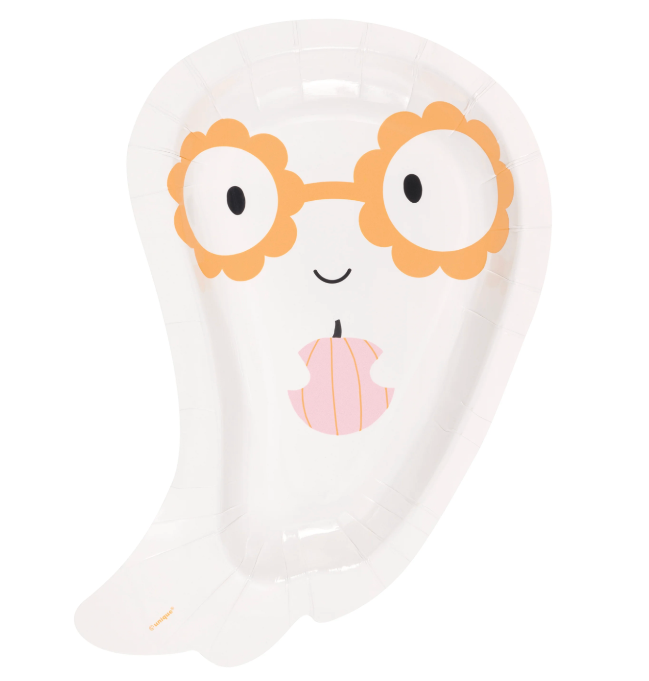 White ghost-shaped paper plate with orange-framed glasses and pink pumpkin on chest, smiling face.