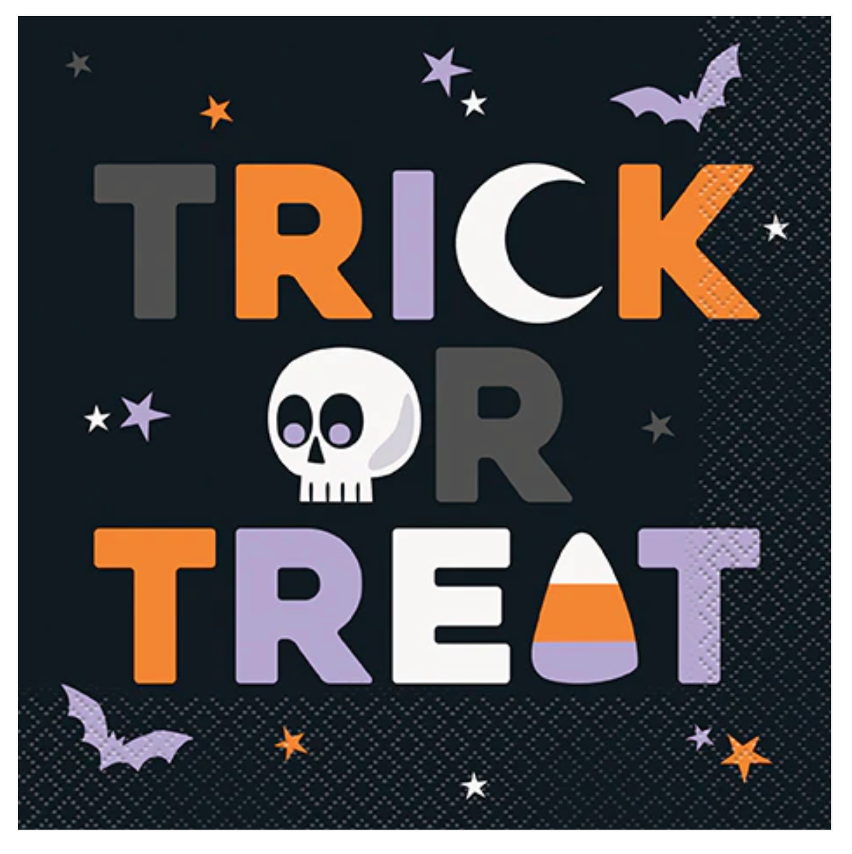 Black square Halloween napkin featuring "Trick or Treat" text in orange, purple, and gray with skull, candy corn, bats, and.