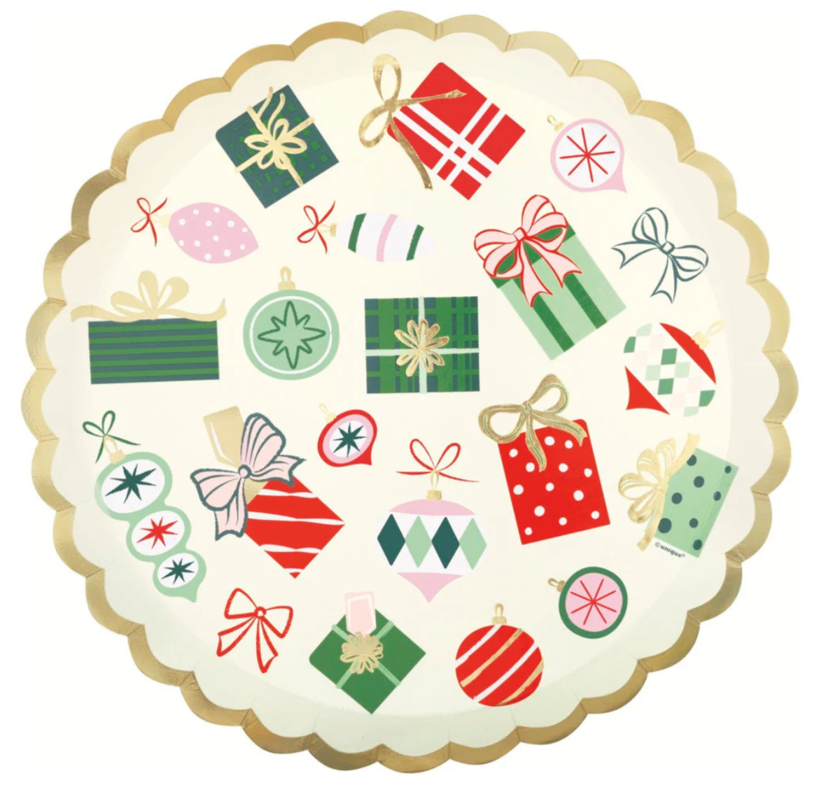 Round scalloped edge plate with gold trim, decorated with colorful vintage-style Christmas presents and ornaments.