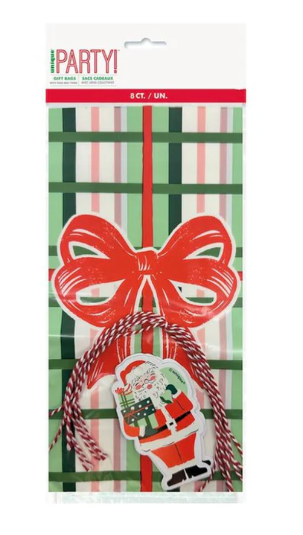 Set of eight vintage Christmas cello bags with green striped pattern, red twine ties, and festive gift tags featuring a red.