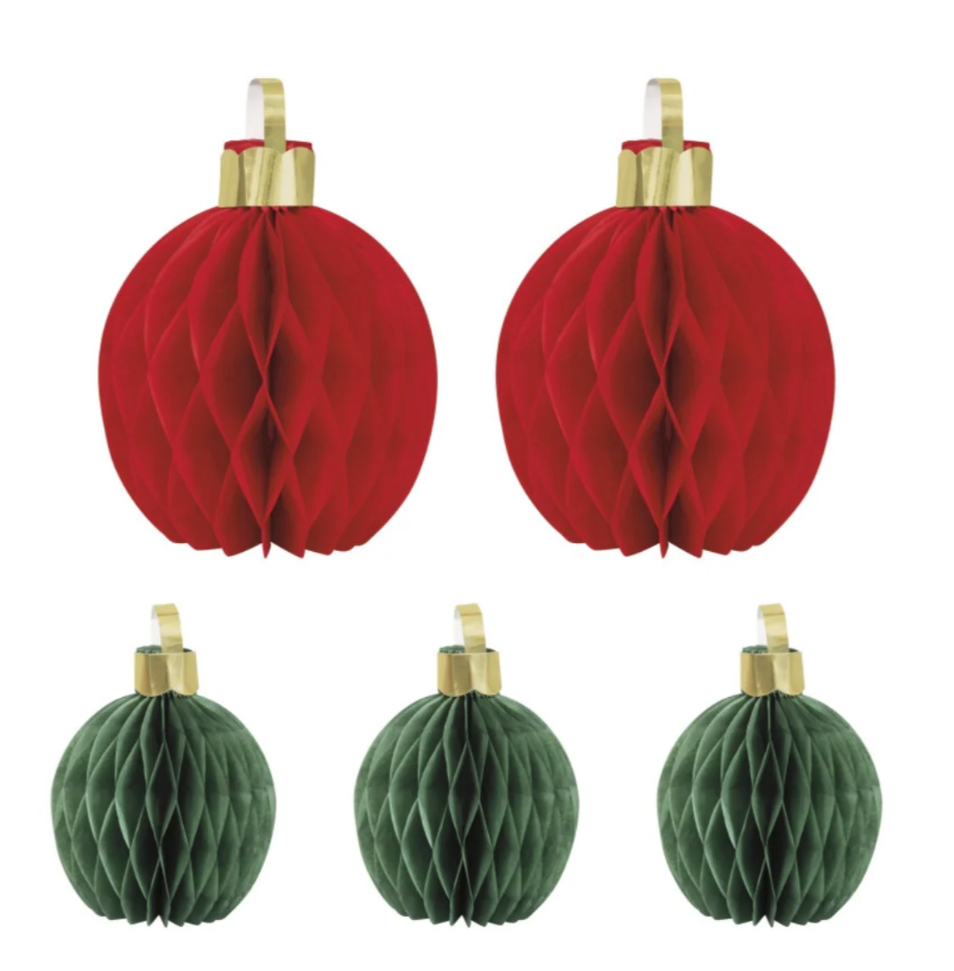 Set of five honeycomb paper Christmas ornaments in red and green, round with gold hanging tabs.