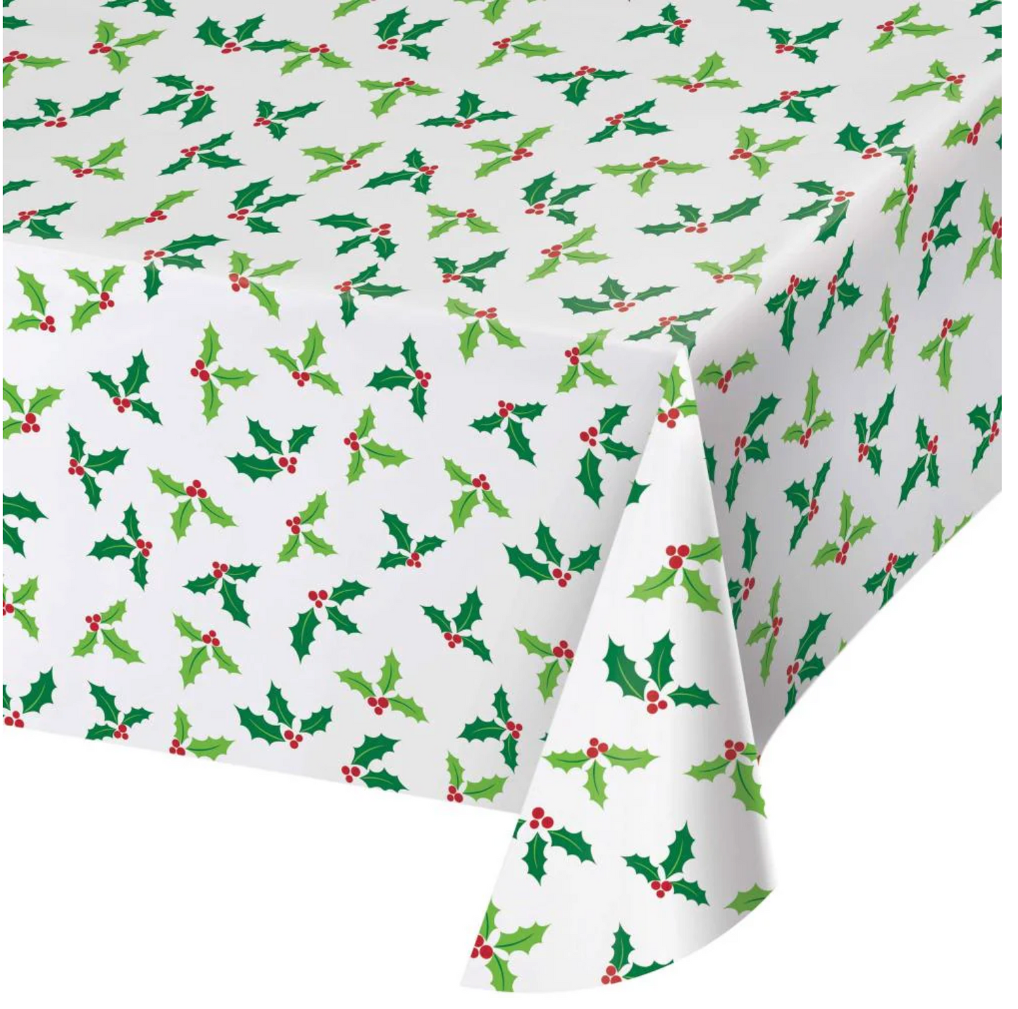 White plastic tablecover with an all-over print of green holly leaves and red berries.