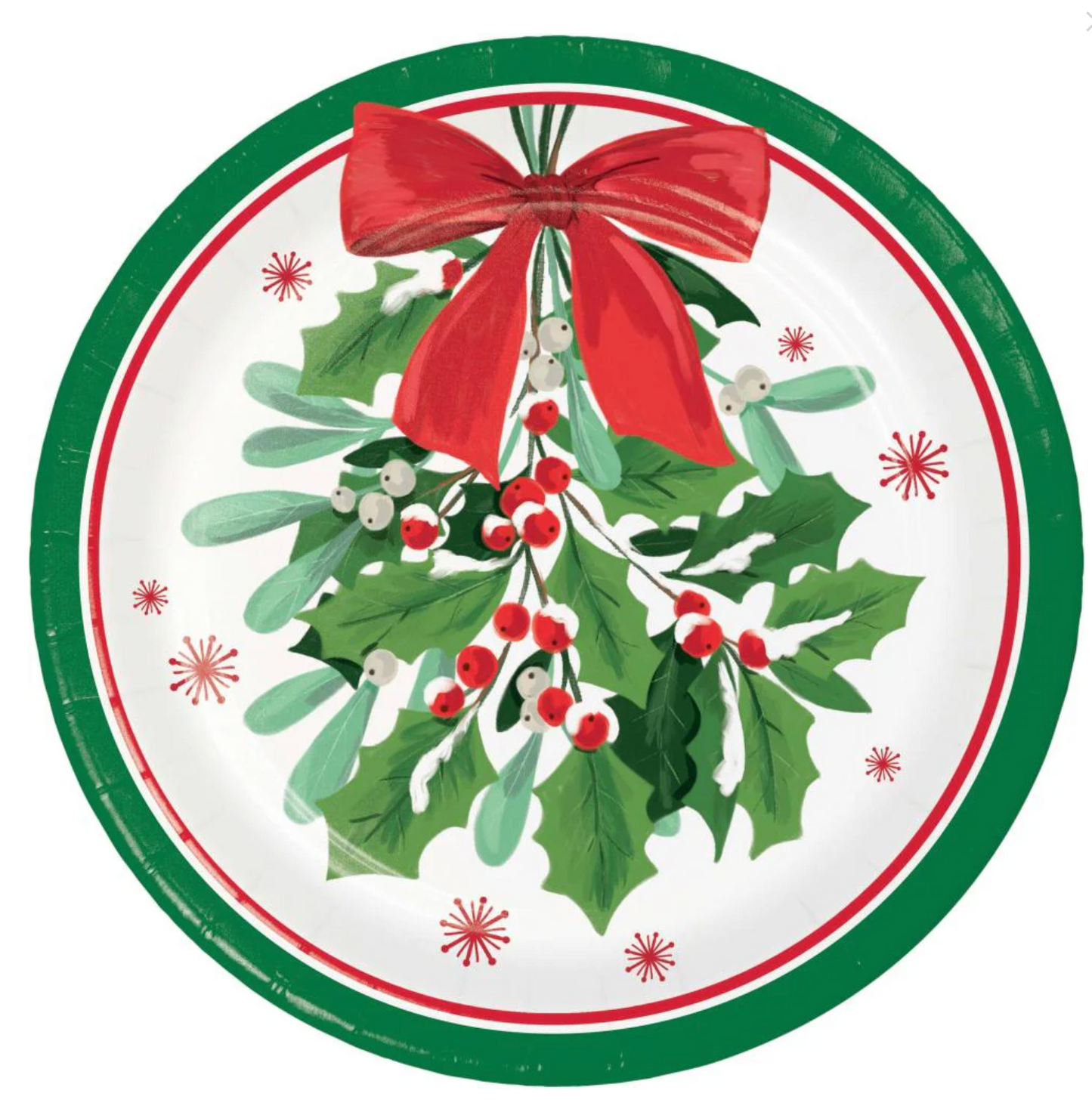 Round Christmas luncheon plate with green rim, red border, and mistletoe tied with a red bow at center.