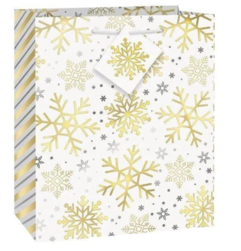 Medium gift bag with gold and silver snowflake patterns on white background and striped side panels.
