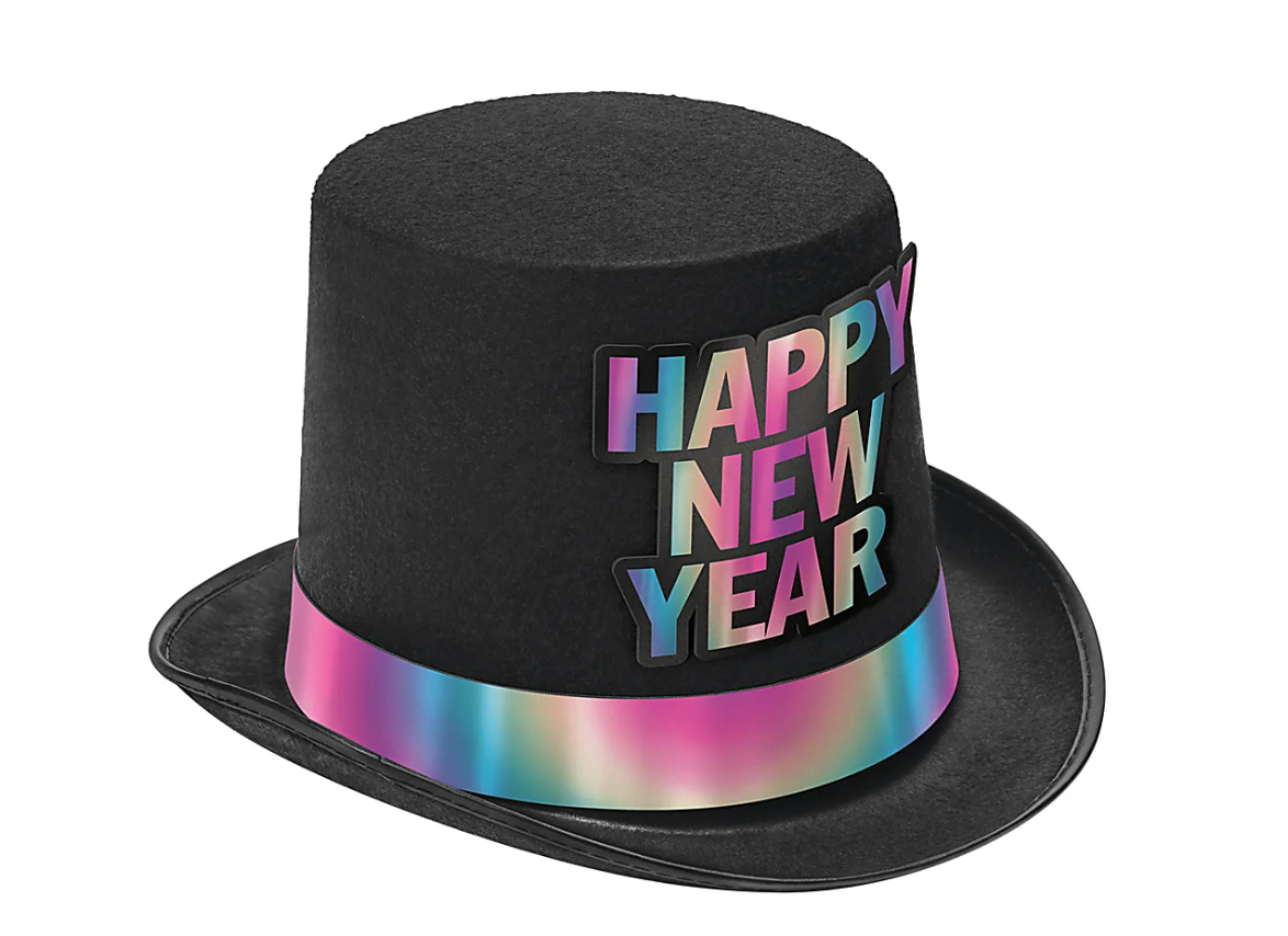Black felt top hat with colorful "Happy New Year" lettering and iridescent rainbow band around the base.
