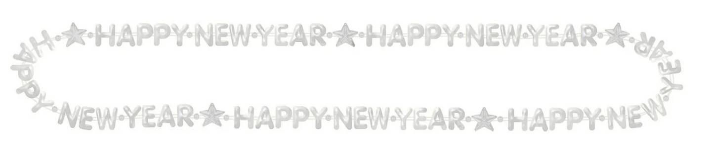 Silver bead necklace with repeating "Happy New Year" star-shaped letters across its length.