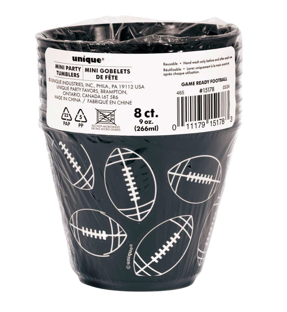 Black plastic tumbler with white football illustrations and 9oz capacity, pack of 8.