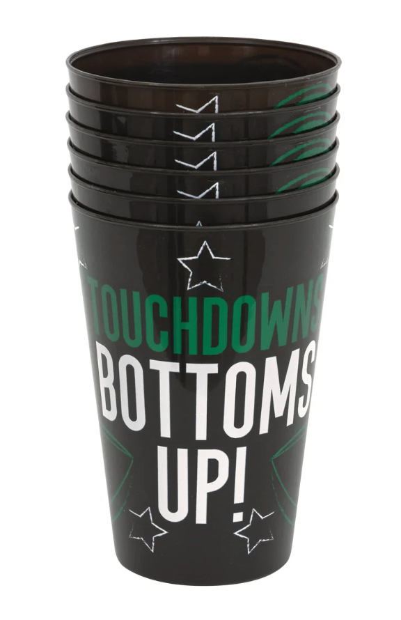 Set of six black 16-ounce plastic cups with green and white football-themed "Touchdown Bottoms Up!" text and star graphics.