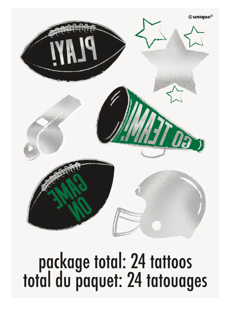 Black and white football-themed temporary tattoos with green and gray accents, including a football, helmet, whistle,.
