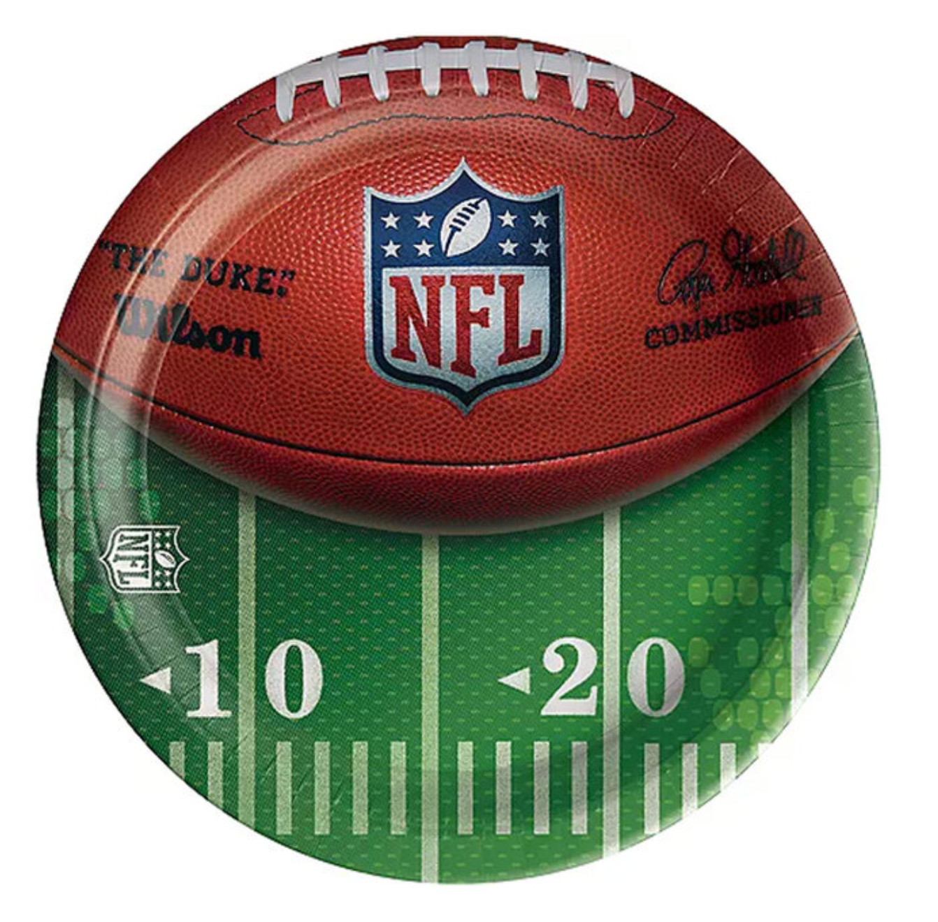 Round 10.5-inch paper plate designed like an NFL football on green field with yard lines and numbers, set of 8.
