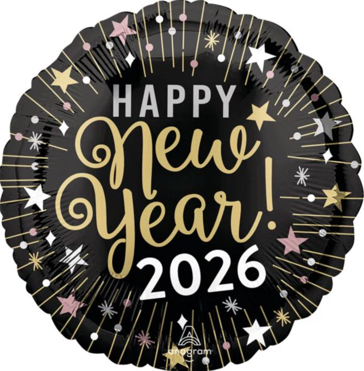 Black round foil balloon with gold and white "Happy New Year! 2026" text and starburst design.