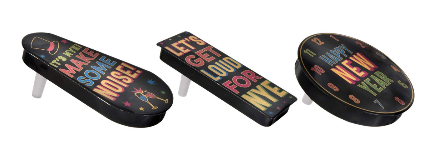 Set of three multicolored New Year's Eve noisemakers with black bases and festive gold, red, and green lettering designs.