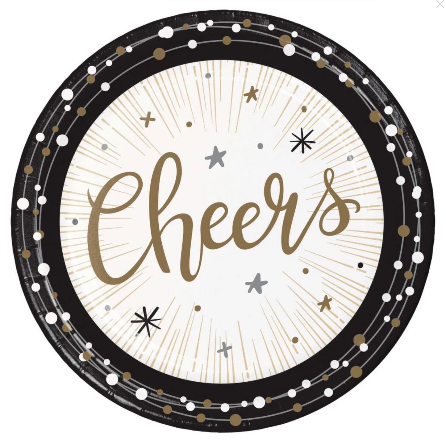 Round black and white luncheon plate with gold script "Cheers" and starburst design, decorated with gold, silver, and black.
