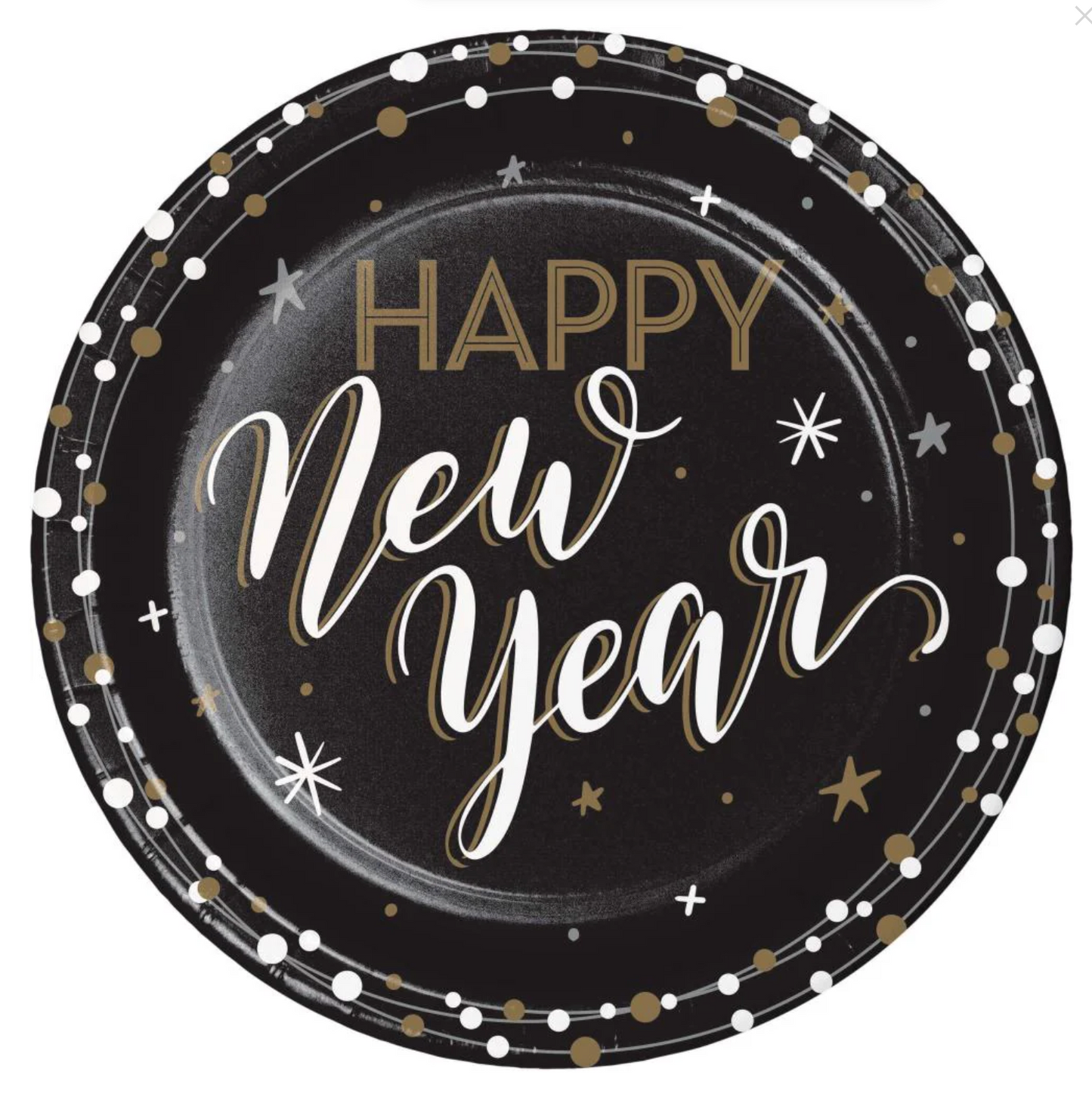 Black round paper dinner plate with gold and white "Happy New Year" text, decorated with gold and white confetti and star.