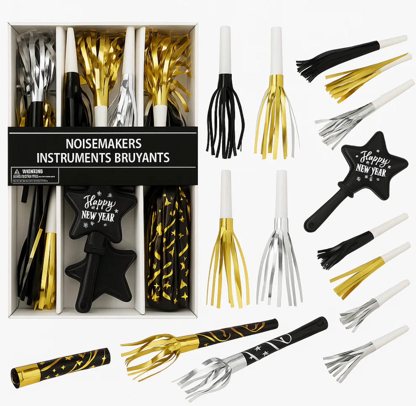 Boxed set of 40 black, silver, and gold New Year's noisemakers including star-shaped clappers, metallic foil tassels, and.
