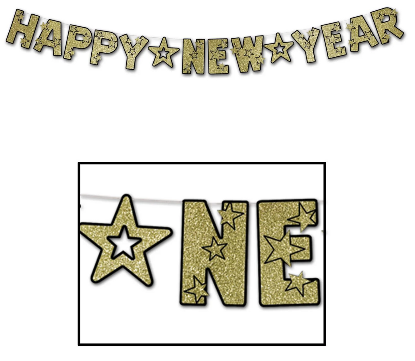 NYE Glittered Happy New Year Streamer in Gold and Black