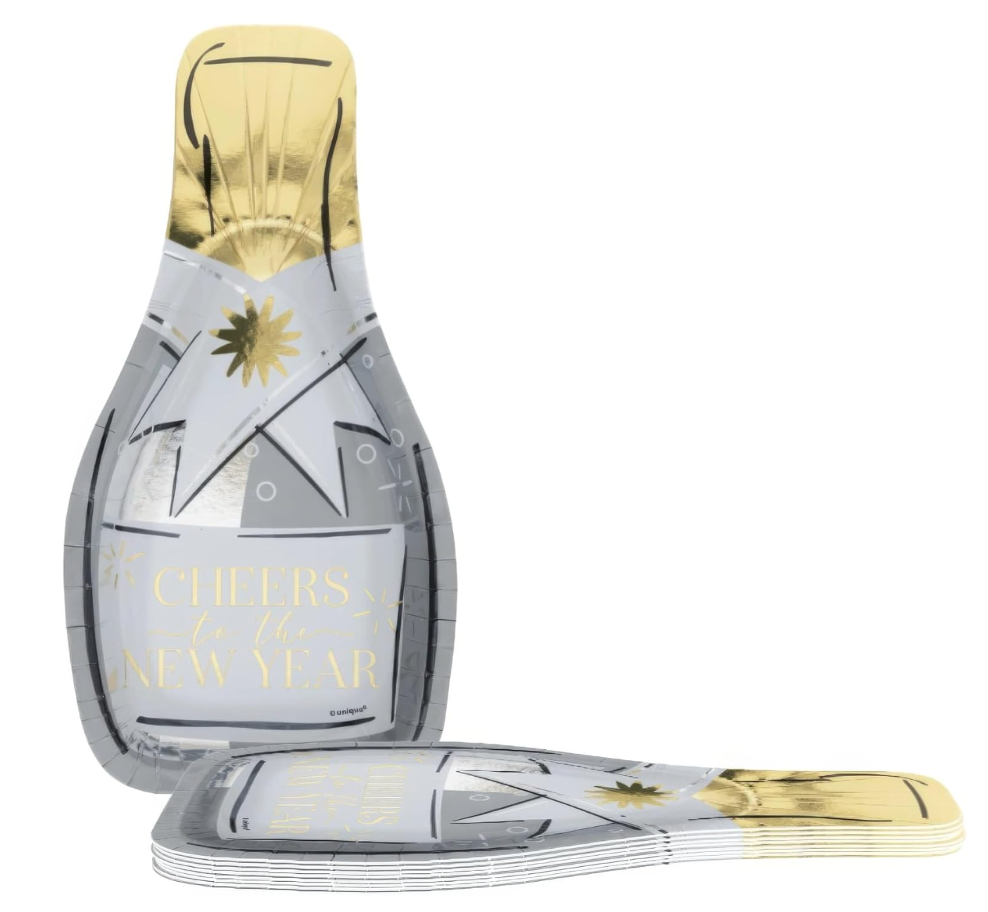 Toasting New Year's 10.25 inch Silver Champagne Bottle Shaped Plates 8ct