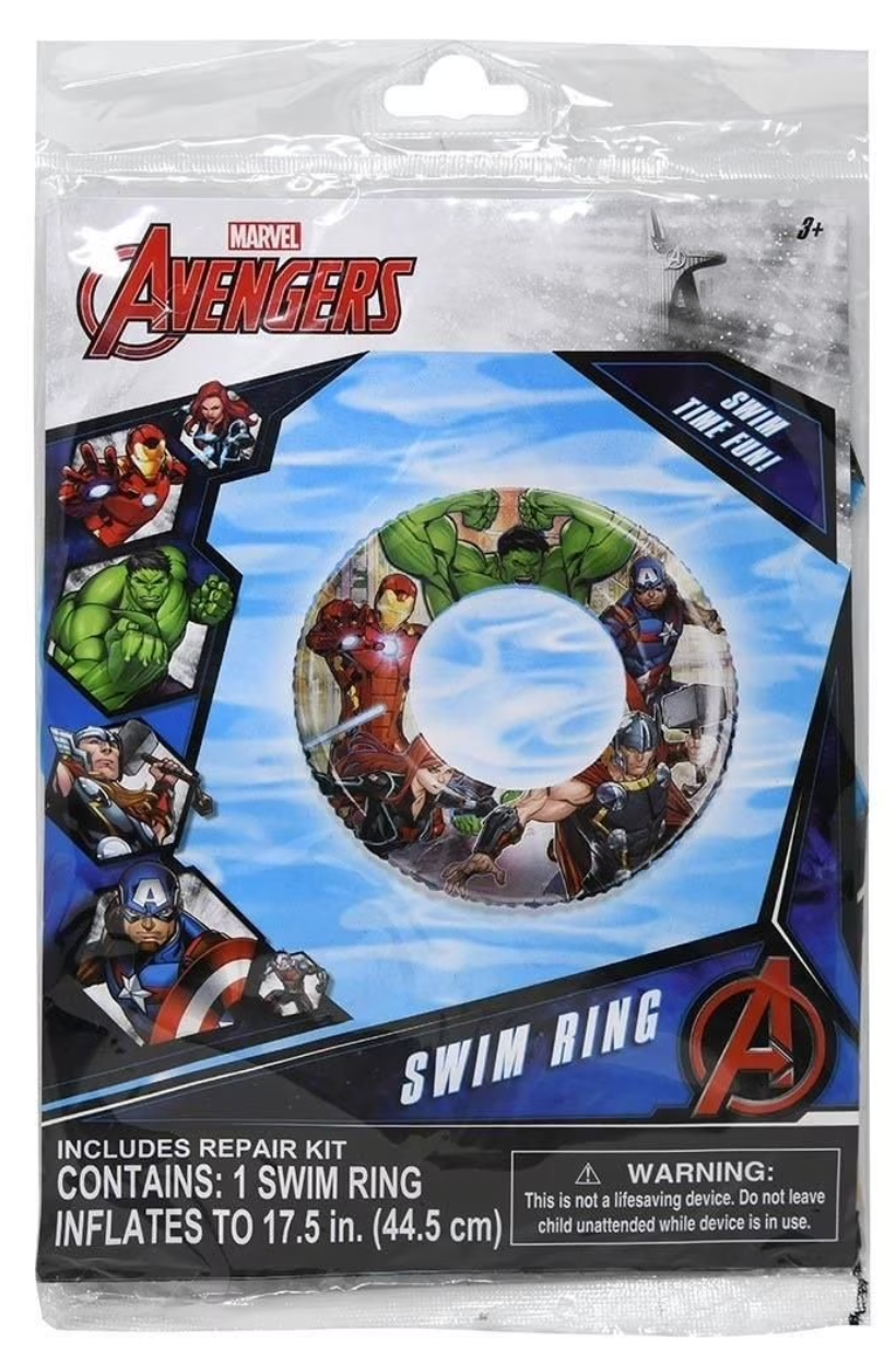 Inflatable swim ring with Marvel Avengers characters including Hulk, Iron Man, Captain America, and Thor on a blue background.