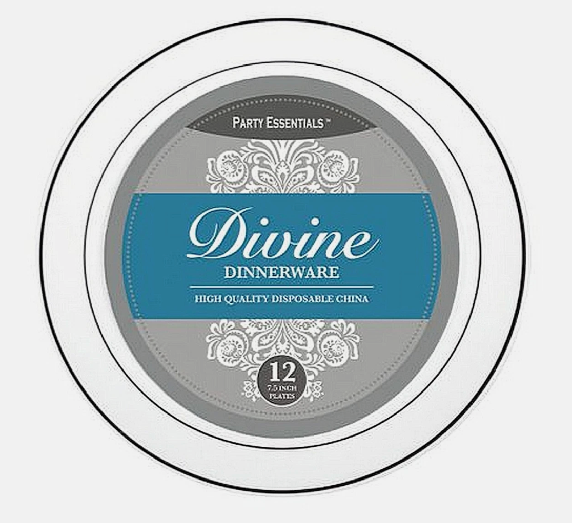 Plastic 7.5 inch Divine White with Silver im Plastic Plates 12ct