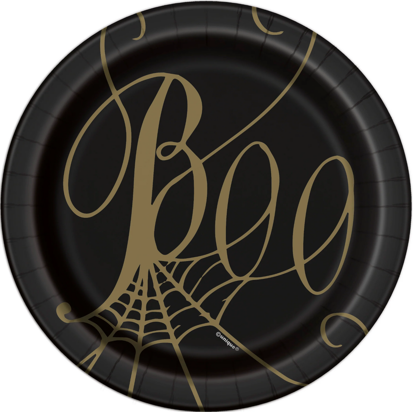 Black & Gold Spider Web Round 7" Dessert Plates, 8ct
