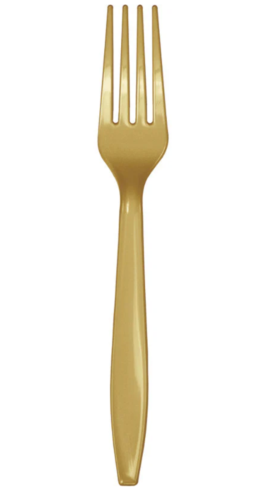 Tenedor de plástico dorado, 20 unidades