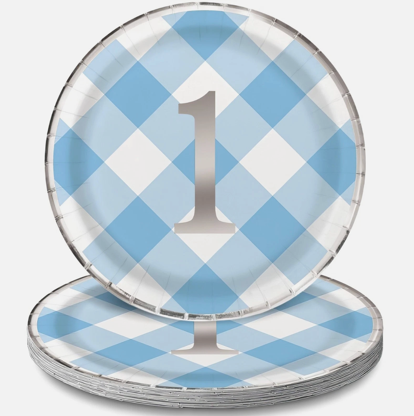 8 Blue Gingham 1st Birthday Plate (L)