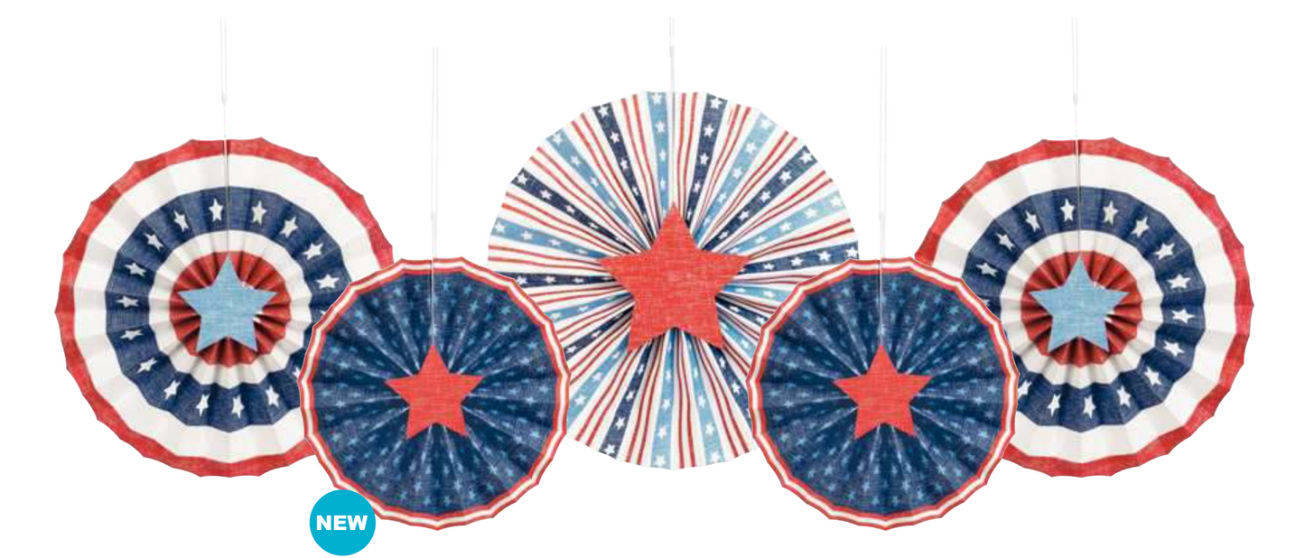 Classic Americana Paper Fan Decorations with Die Cut Stars 5ct