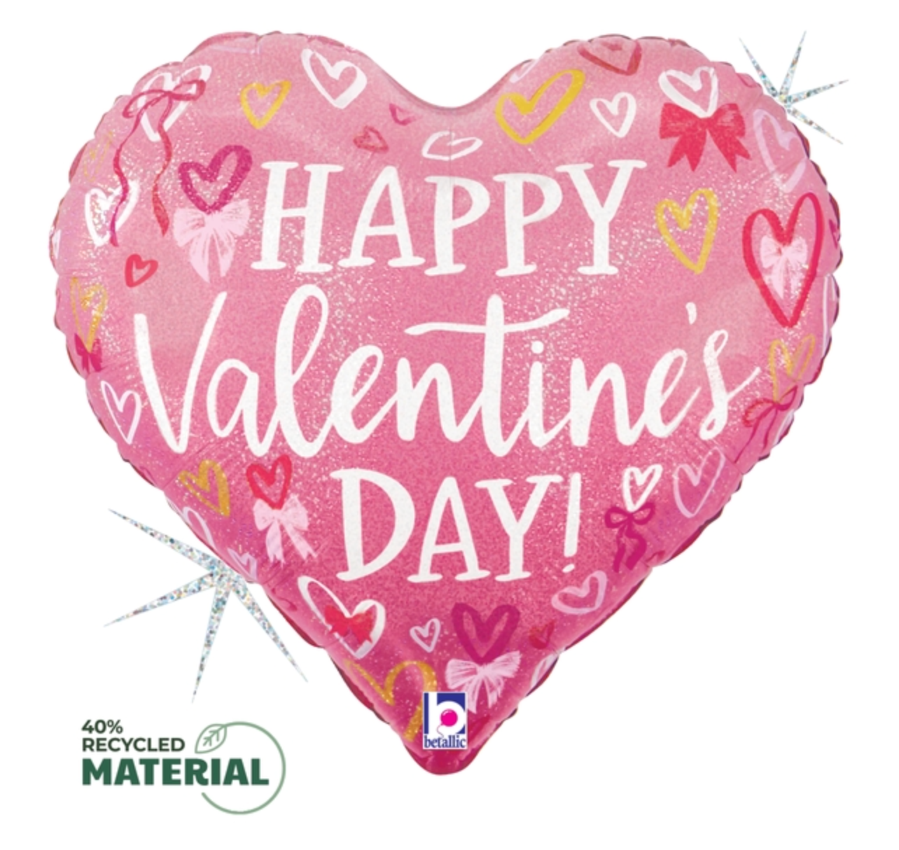 Betallic Valentine Pink Bows and Hearts 18 inch Glitter Holographic Tapered Heart Balloon 1ct - Toy World Inc