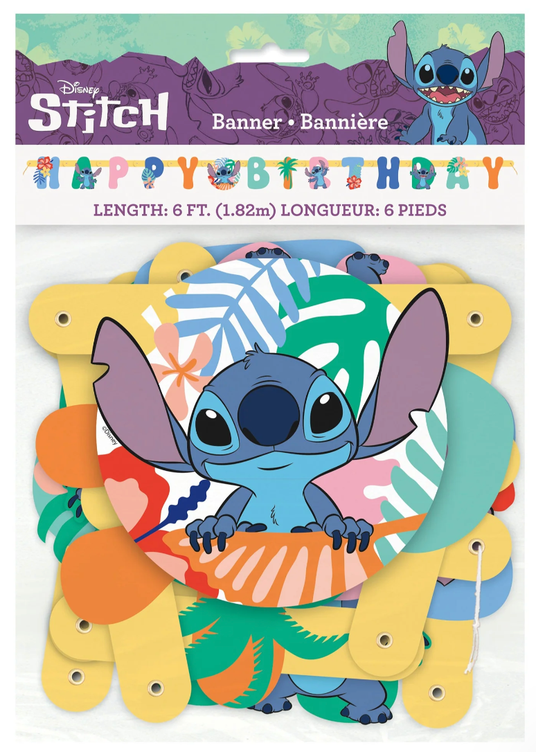 Colorful Lilo and Stitch jointed banner with blue Stitch character and tropical leaf patterns, 6 feet long.