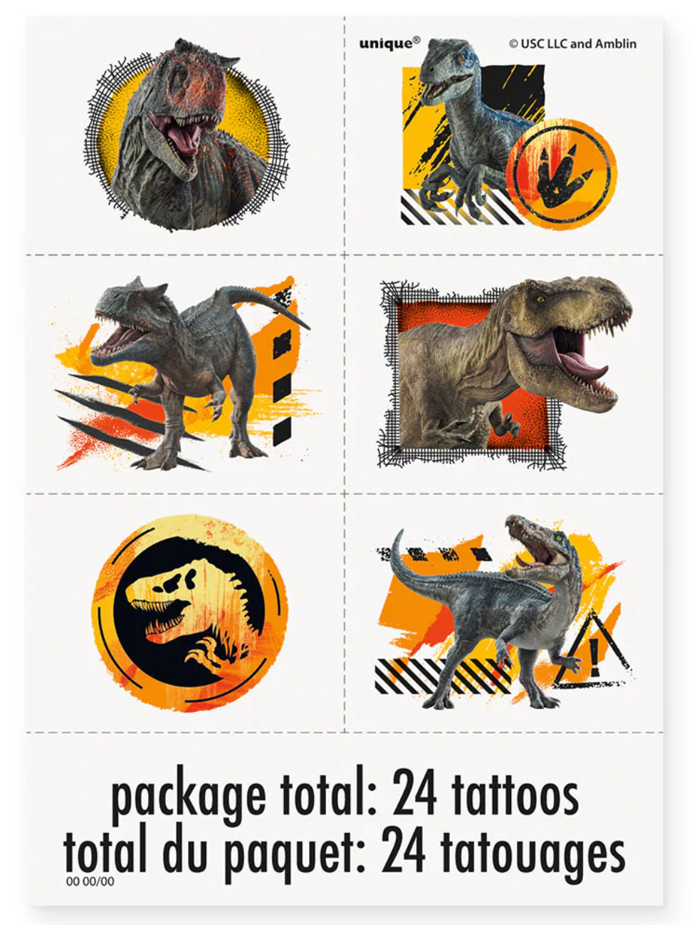 Set of 24 Jurassic World temporary tattoos featuring colorful dinosaur designs and logos on white backing sheet.