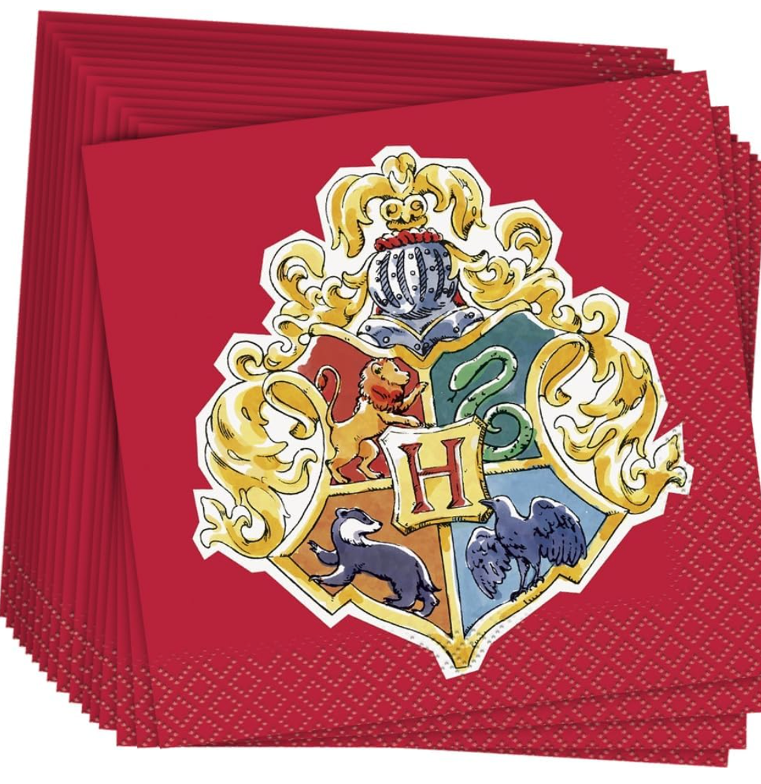 Set of red paper napkins featuring a colorful Hogwarts crest with gold, red, green, blue, and black details.