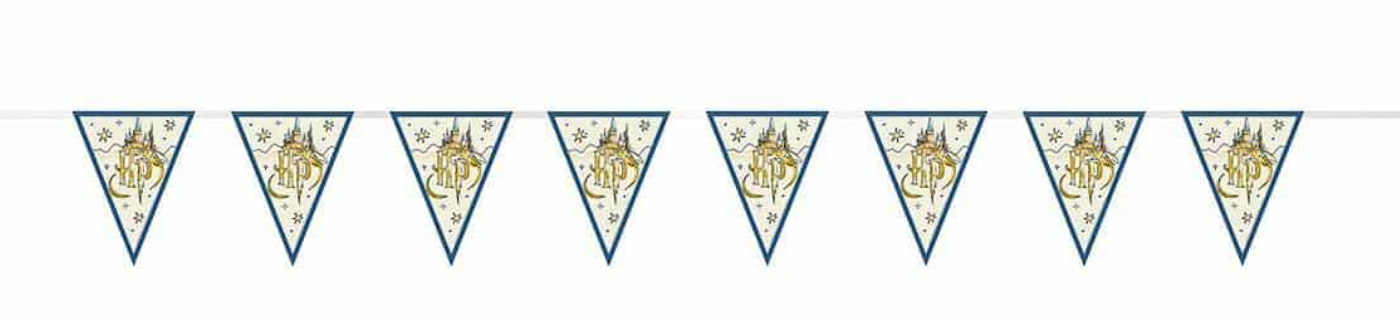 Blue and gold Harry Potter-themed triangular pennant banner with house crests and lightning bolt designs.