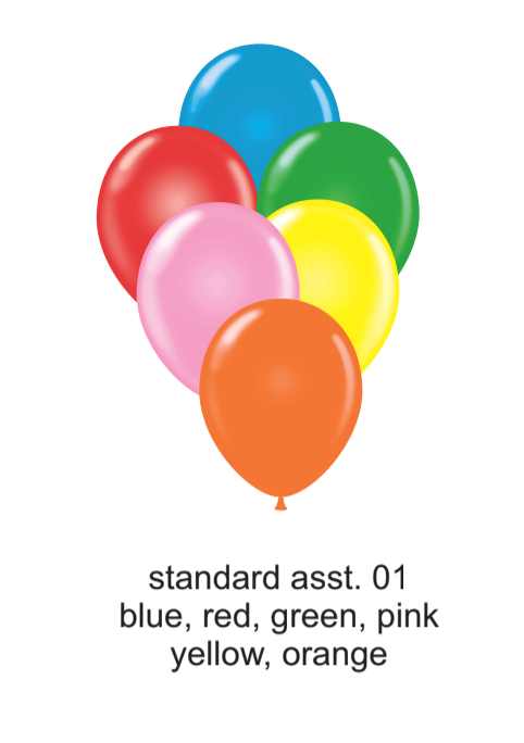 Assorted latex balloons in blue, red, green, yellow, pink, and orange colors, 11-inch round shape.