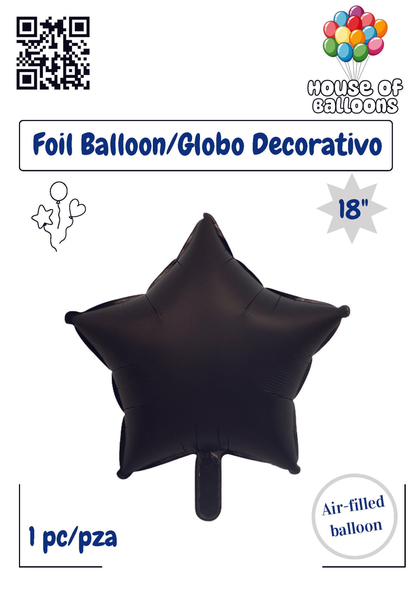 18-inch black star-shaped foil balloon with a shiny surface and inflation tab at the bottom.
