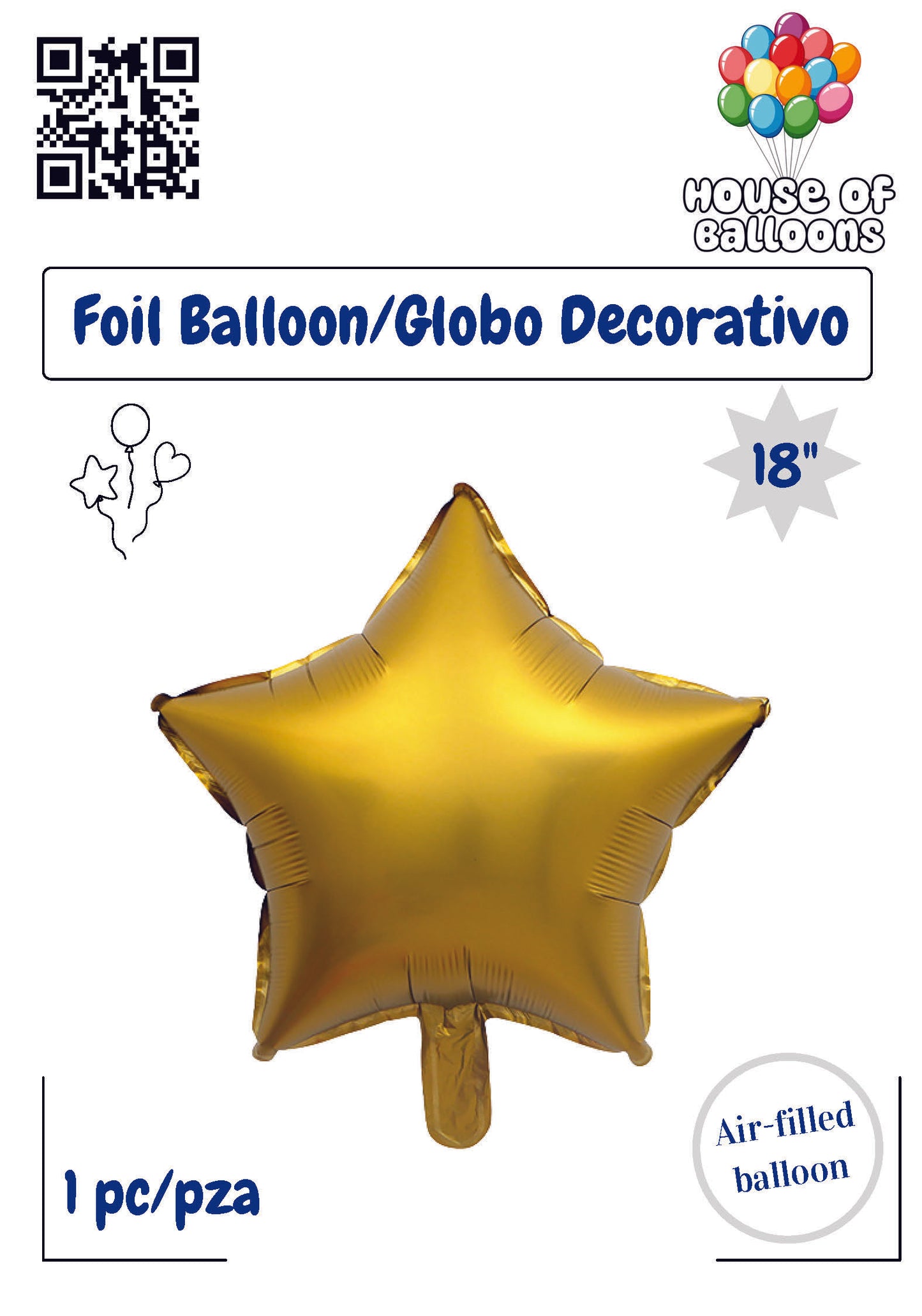 Gold star-shaped foil balloon with smooth metallic finish, 18 inches tall, air-filled.