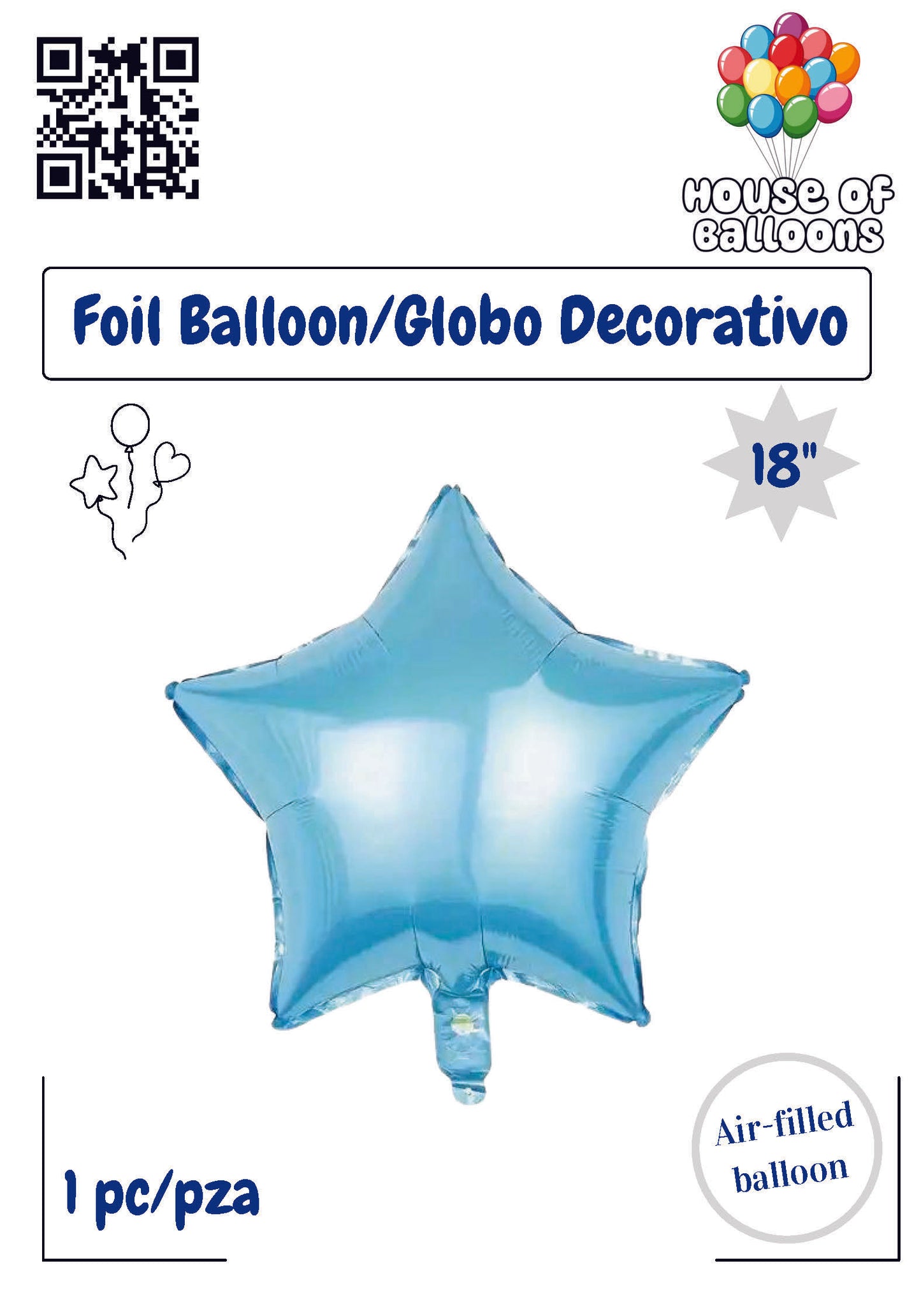 Powder blue shiny foil star balloon, 18-inch, air-filled with reflective surface.