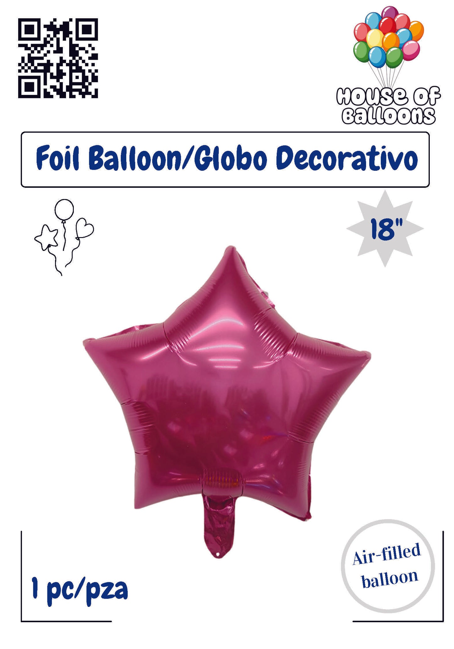 18-inch shiny fuchsia star-shaped foil balloon with smooth metallic finish.