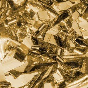 Shiny gold metallic streamer pieces with a reflective, crinkled texture densely packed together.