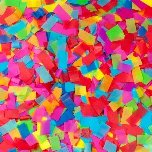 Brightly colored rectangular confetti pieces in neon pink, yellow, green, blue, and orange densely scattered.