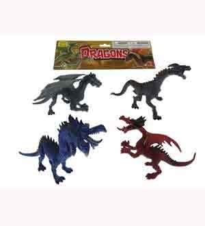 Set of four plastic dragon figurines in black, dark gray, blue, and red with detailed scales and open mouths.