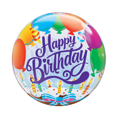 22-inch round foil balloon with colorful balloons, candles, and "Happy Birthday" in purple script.