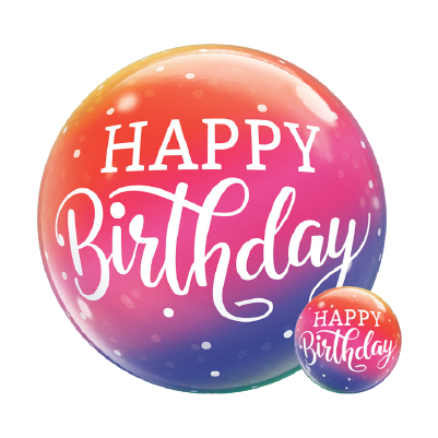 22-inch round foil balloon with pink to purple ombre and white "Happy Birthday" text with scattered white dots.