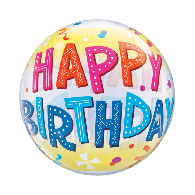 22-inch round yellow balloon with colorful "Happy Birthday" text and festive confetti designs.