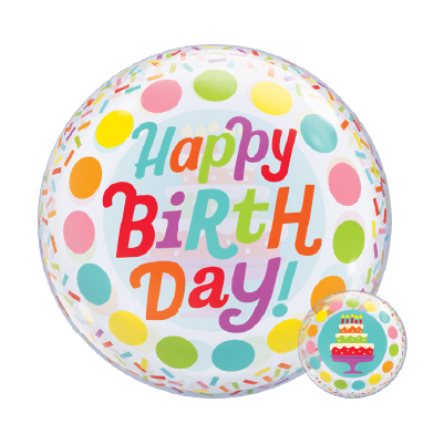 22-inch round silver foil balloon with colorful polka dots and "Happy Birthday!" in multicolor letters.