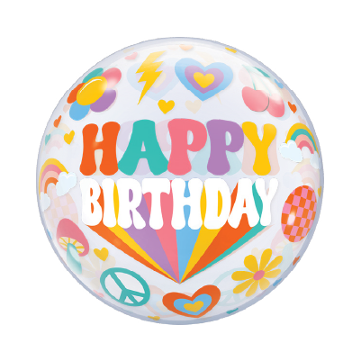 22-inch round clear balloon with colorful retro patterns and bold "Happy Birthday" text in vibrant letters.