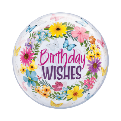 22-inch transparent balloon with colorful flowers, butterflies, and "Birthday Wishes" in purple and pink letters.