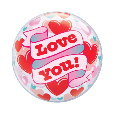 22-inch clear balloon with red hearts and pink ribbon displaying "Love you!" text in bold red letters.