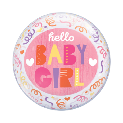 22-inch round foil balloon with pink center, colorful "hello BABY GIRL" text, and pastel streamer designs on purple border.