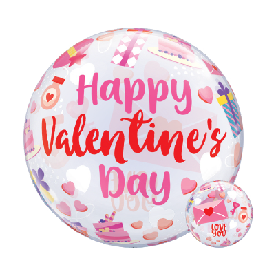 Round foil balloon with pink and red "Happy Valentine's Day" text, decorated with hearts and love-themed icons.